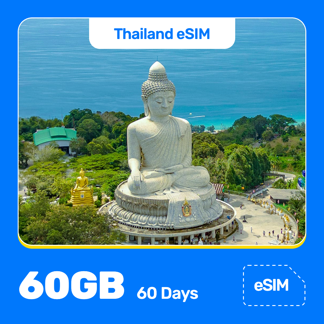 Thailand eSIM product banner featuring the Big Buddha in Phuket sits on a hilltop beside a smaller golden statue, with green trees around it and the blue sea behind. Blue “Thailand eSIM” text appears at the top, with large white “60GB for 60 Days” text at the bottom left and an “eSIM” label at the bottom right.