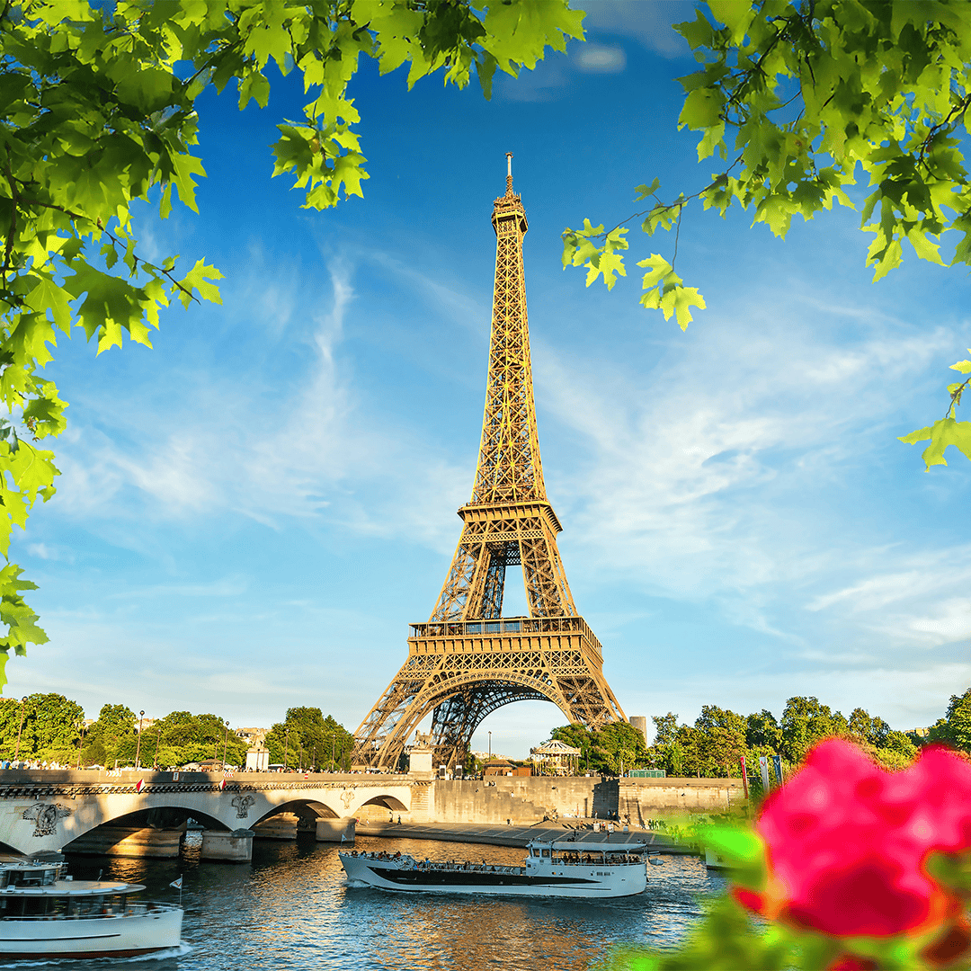 Eiffel Tower with a clear blue sky and green leaves framing the top of the image.