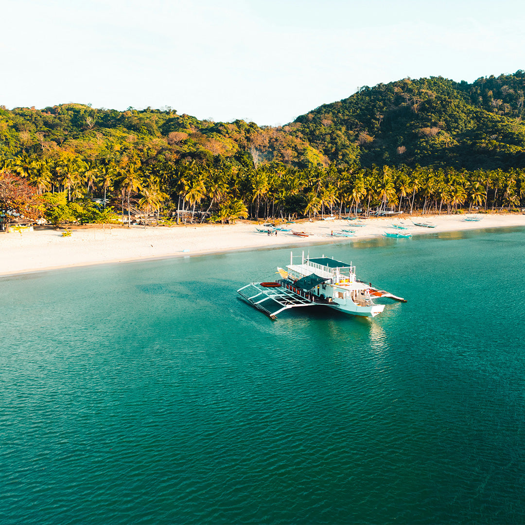 Philippines beach with tropical trees and a boat on clear blue water