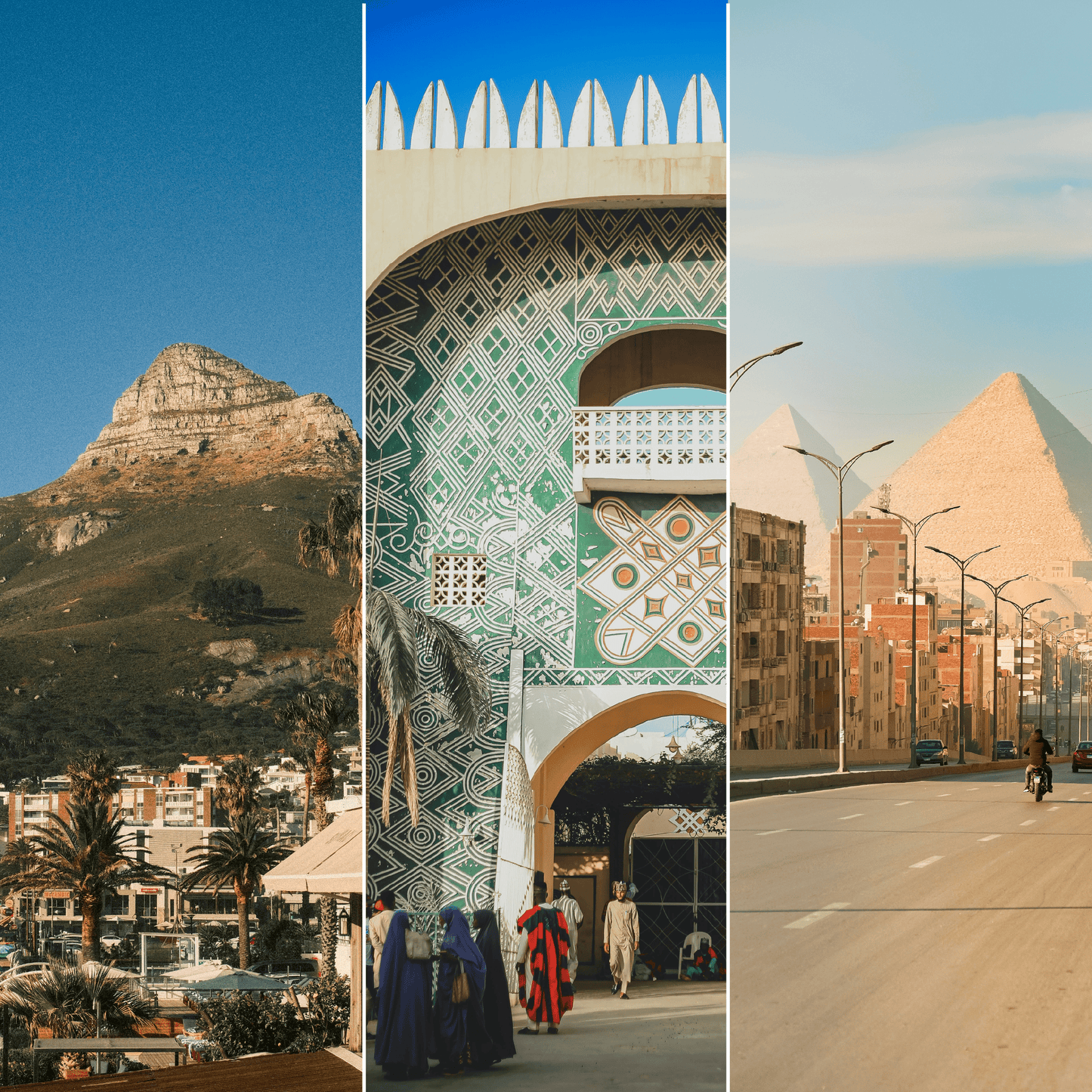 A triptych showcasing three African destinations: Cape Town's Lion's Head mountain rising above palm-lined buildings under clear blue skies, a vibrantly patterned green and white Moorish-style archway with people in traditional clothing walking beneath it, and the golden pyramids of Giza looming behind a sunlit street lined with buildings and street lamps.