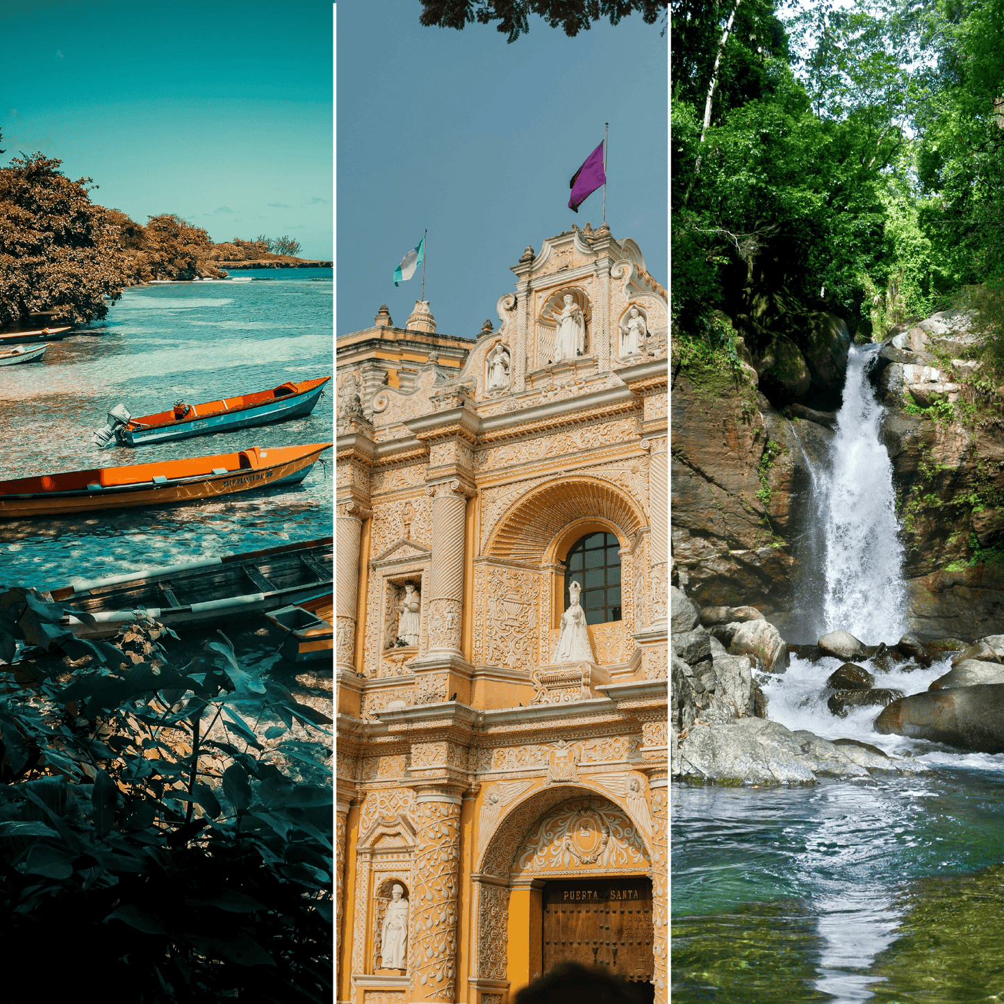 Three vertical panels showcase Caribbean travel experiences: turquoise waters with colorful wooden boats along a mangrove-lined shore, an ornate yellow colonial church facade with carved statues and flags, and a cascading waterfall surrounded by lush green tropical forest.
