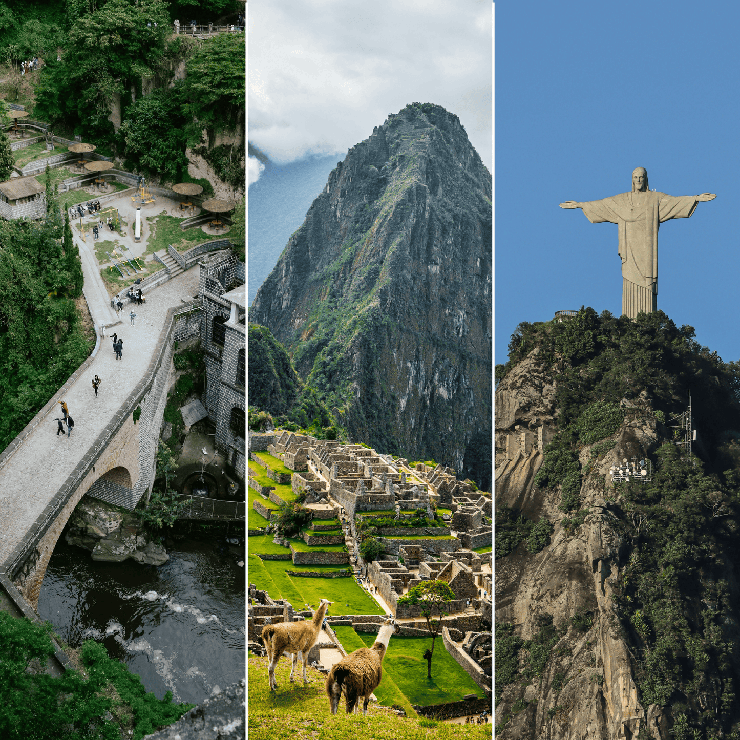 A triptych showcasing three iconic South American landmarks: the Santuario de Las Lajas bridge and basilica spanning a river gorge in Colombia, Machu Picchu with its ancient Inca stone terraces and two llamas in the foreground set against a towering green mountain peak in Peru, and the Christ the Redeemer statue with outstretched arms atop Corcovado mountain surrounded by lush forest in Rio de Janeiro, Brazil.