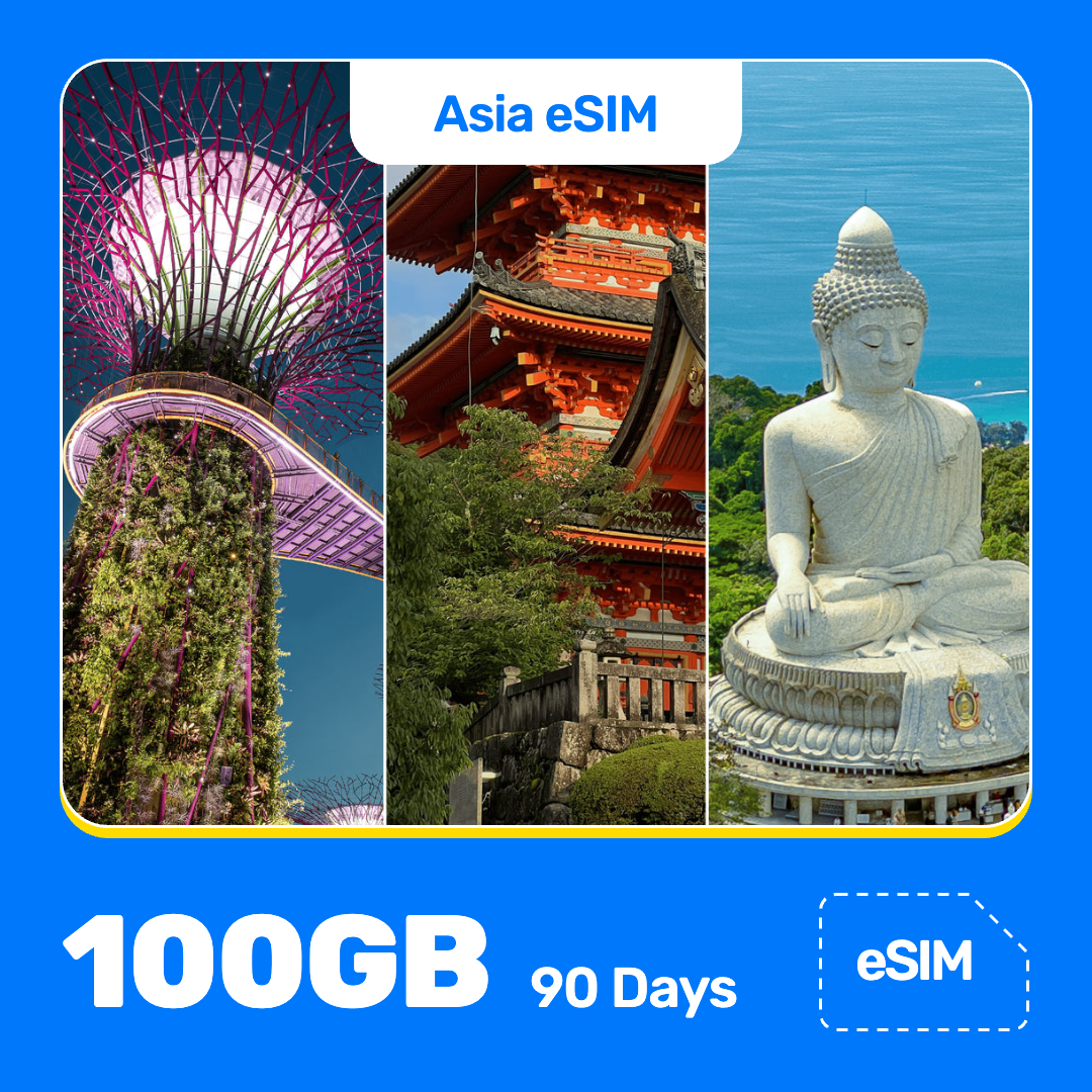 Asia eSIM product banner featuring three-photo collage of Asia travel scenes: Gardens by the Bay in Singapore, a traditional Japanese temple, and a large seated Buddha statue in Thailand overlooking the sea. Blue “Asia eSIM” text appears at the top, with large white “100GB for 90 Days” text at the bottom left and an “eSIM” label at the bottom right.