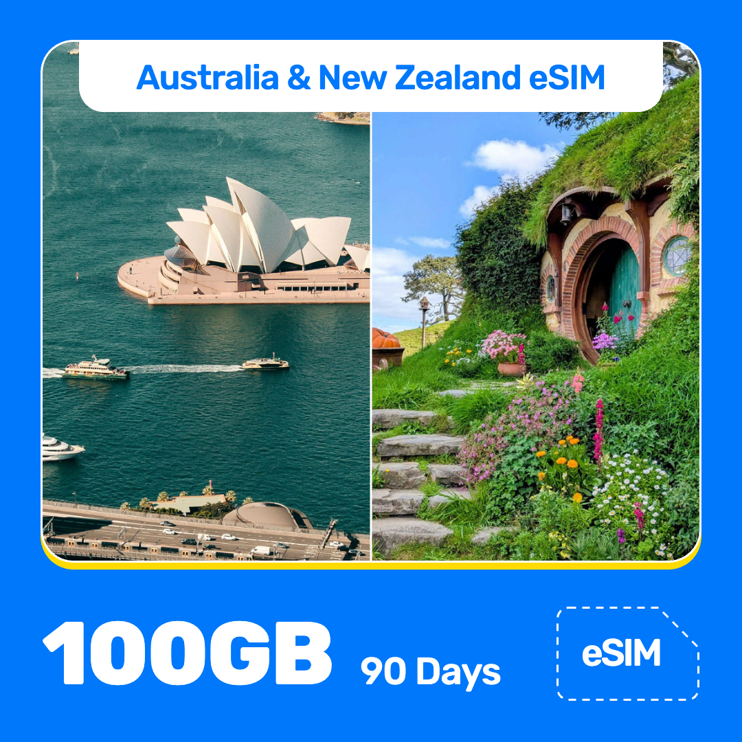 Australia and New Zealand eSIM product banner featuring the Sydney Opera House beside the harbor on the left, and a hobbit-hole doorway in a grassy, flower-covered hillside on the right. Blue “Australia and New Zealand eSIM” text appears at the top, with large white “100GB for 90 Days” text at the bottom left and an “eSIM” label at the bottom right.