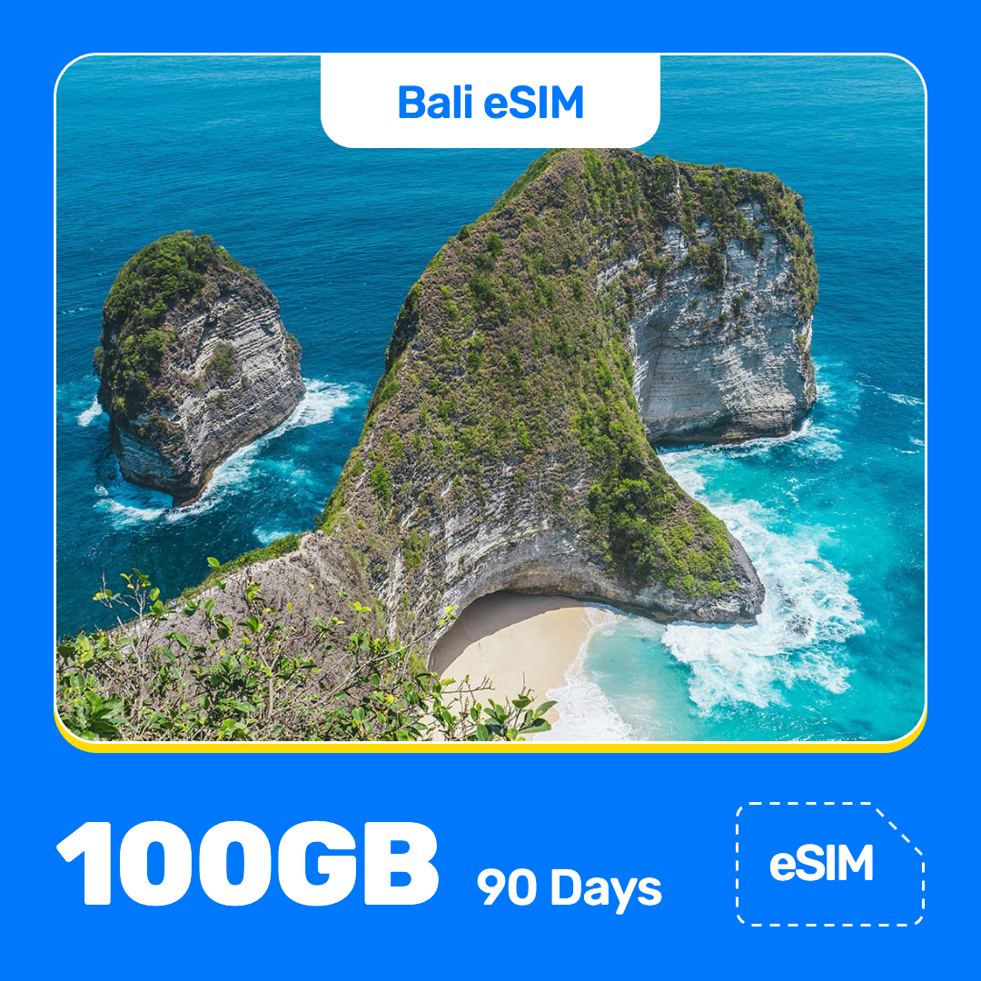Indonesia eSIM product banner featuring a Kelingking Beach, where steep green cliffs drop to a small sandy beach surrounded by bright blue water. Blue “Indonesia eSIM” text appears at the top, with large white “100GB for 90 Days” text at the bottom left and an “eSIM” label at the bottom right.
