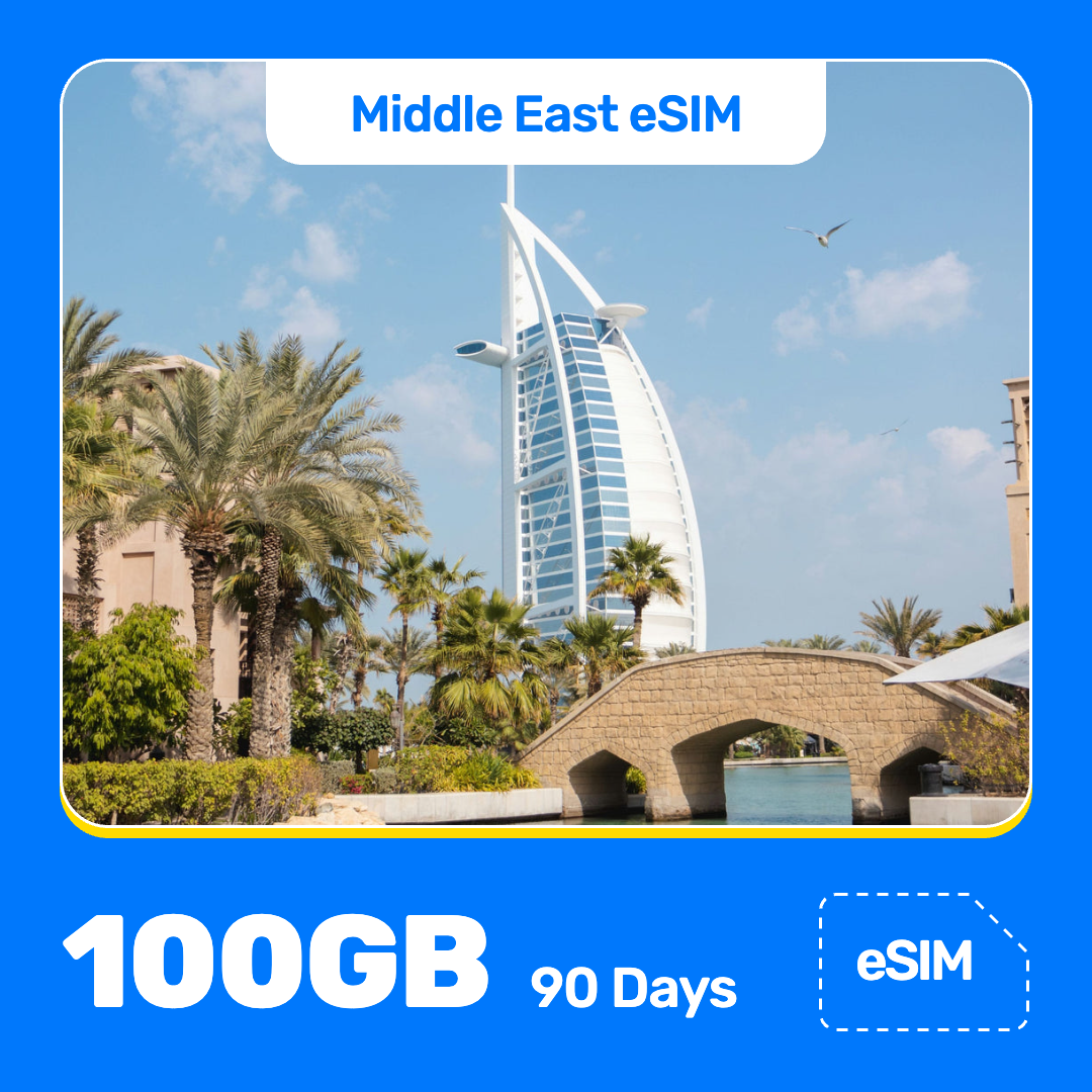 Middle East eSIM product banner featuring Burj Al Arab hotel rises above palm trees and landscaped gardens under a cloudy sky with birds in flight. Blue “Middle East eSIM” text appears at the top, with large white “100GB for 90 Days” text at the bottom left and an “eSIM” label at the bottom right.