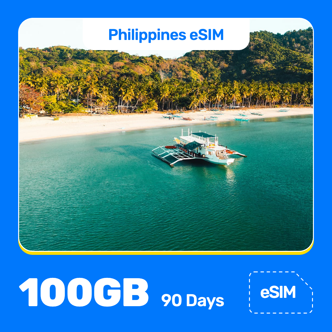 Product banner for “Philippines eSIM” featuring a white outrigger boat floats in turquoise water beside a sandy, palm-lined beach on a tropical island, with green hills behind. A vivid blue border frames the image, with white text at the top reading “Philippines eSIM” and at the bottom “100GB for 90 Days.” And “eSIM” label appears in the lower-right corner.