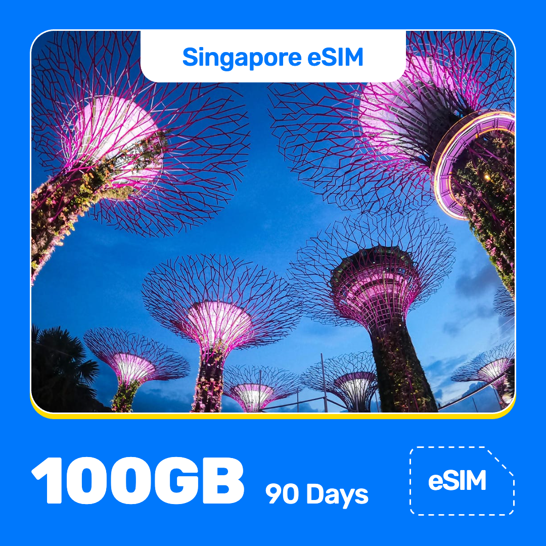Singapore eSIM travel plan with 100GB of data for 90 days, shown over a photo of the glowing Supertrees at Gardens by the Bay against a blue sky.