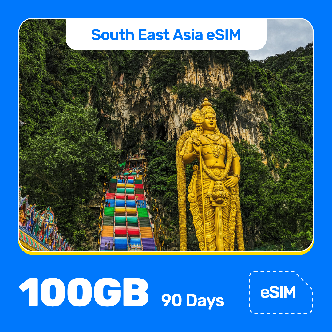South East Asia eSIM product banner featuring a giant golden statue beside a colorful staircase leading up the hill to the Batu Caves temple in Malaysia. Blue “South East Asia eSIM” text appears at the top, with large white “100GB for 90 Days” text at the bottom left and an “eSIM” label at the bottom right.