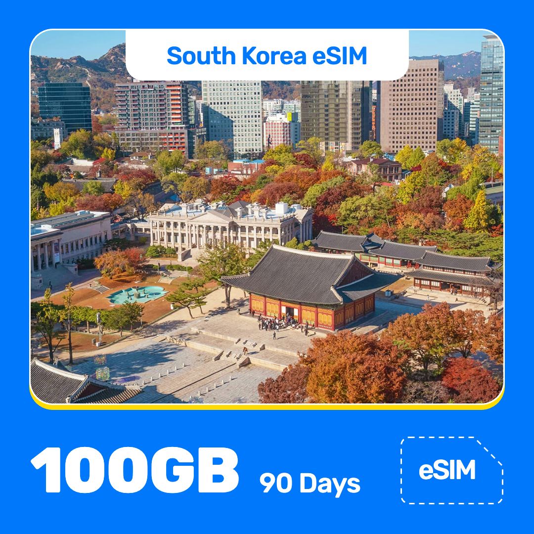 South Korea eSIM product banner featuring the aerial view of Deoksugung Palace and Seoul City Hall in autumn, ringed by colorful fall leaves and modern city buildings. Blue “South Korea eSIM” text appears at the top, with large white “100GB for 90 Days” text at the bottom left and an “eSIM” label at the bottom right.