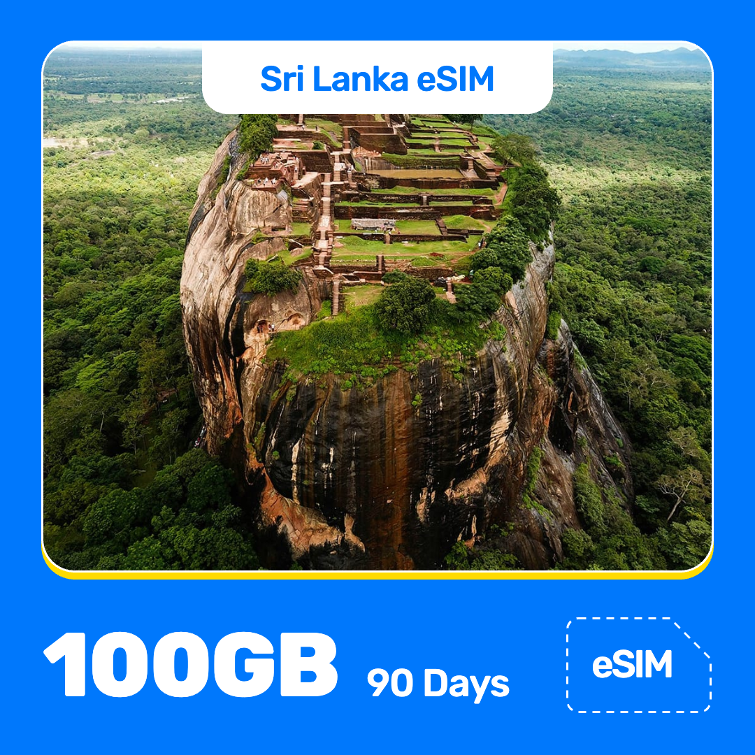 Sri Lanka eSIM product banner featuring Sigiriya Lion Rock, an ancient rock fortress with terraces, walls, and stairways, rises above green jungle. Blue “Sri Lanka eSIM” text appears at the top, with large white “100GB for 90 Days” text at the bottom left and an “eSIM” label at the bottom right.