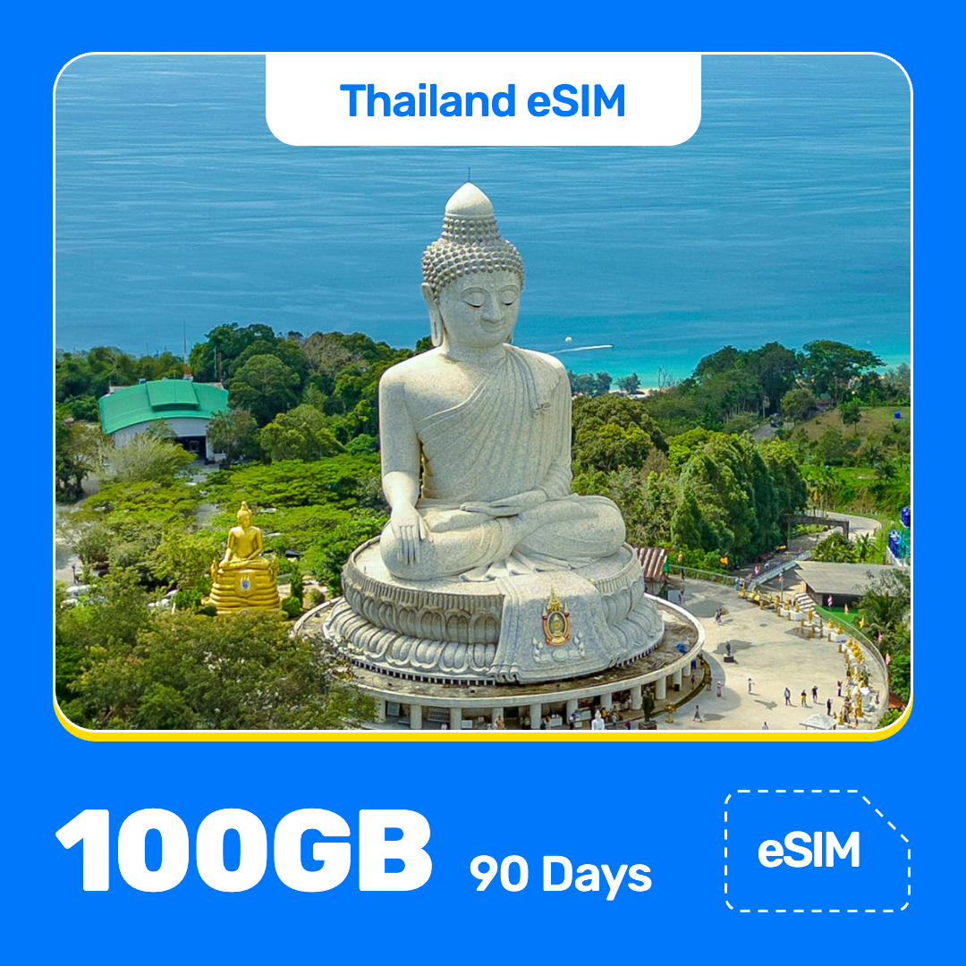 Thailand eSIM product banner featuring the Big Buddha in Phuket sits on a hilltop beside a smaller golden statue, with green trees around it and the blue sea behind. Blue “Thailand eSIM” text appears at the top, with large white “100GB for 90 Days” text at the bottom left and an “eSIM” label at the bottom right.