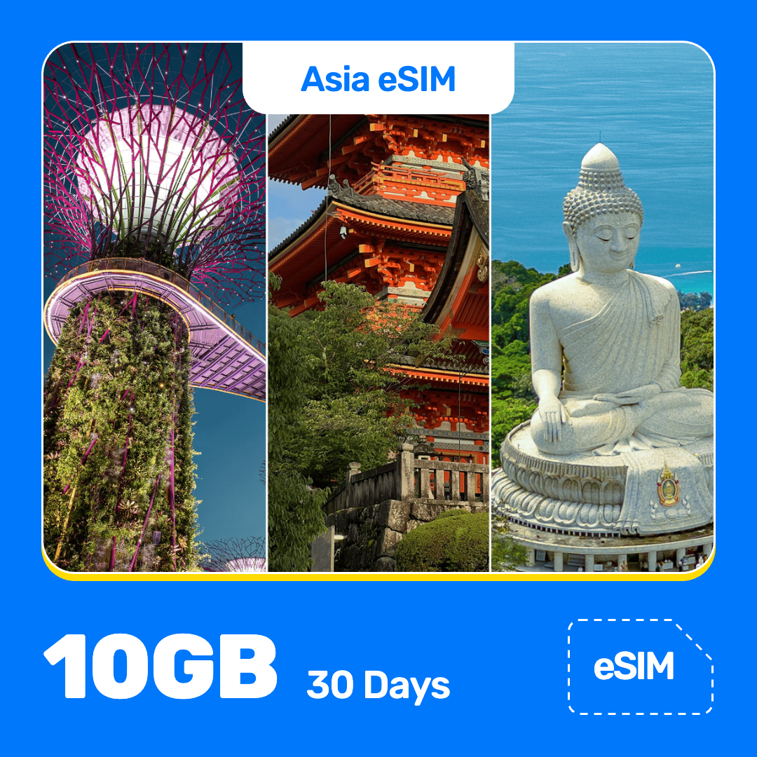 Asia eSIM product banner featuring three-photo collage of Asia travel scenes: Gardens by the Bay in Singapore, a traditional Japanese temple, and a large seated Buddha statue in Thailand overlooking the sea. Blue “Asia eSIM” text appears at the top, with large white “10GB for 30 Days” text at the bottom left and an “eSIM” label at the bottom right.