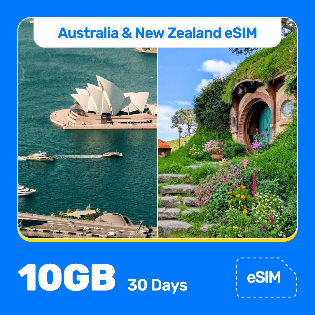 Australia and New Zealand eSIM product banner featuring the Sydney Opera House beside the harbor on the left, and a hobbit-hole doorway in a grassy, flower-covered hillside on the right. Blue “Australia and New Zealand eSIM” text appears at the top, with large white “10GB for 30 Days” text at the bottom left and an “eSIM” label at the bottom right.