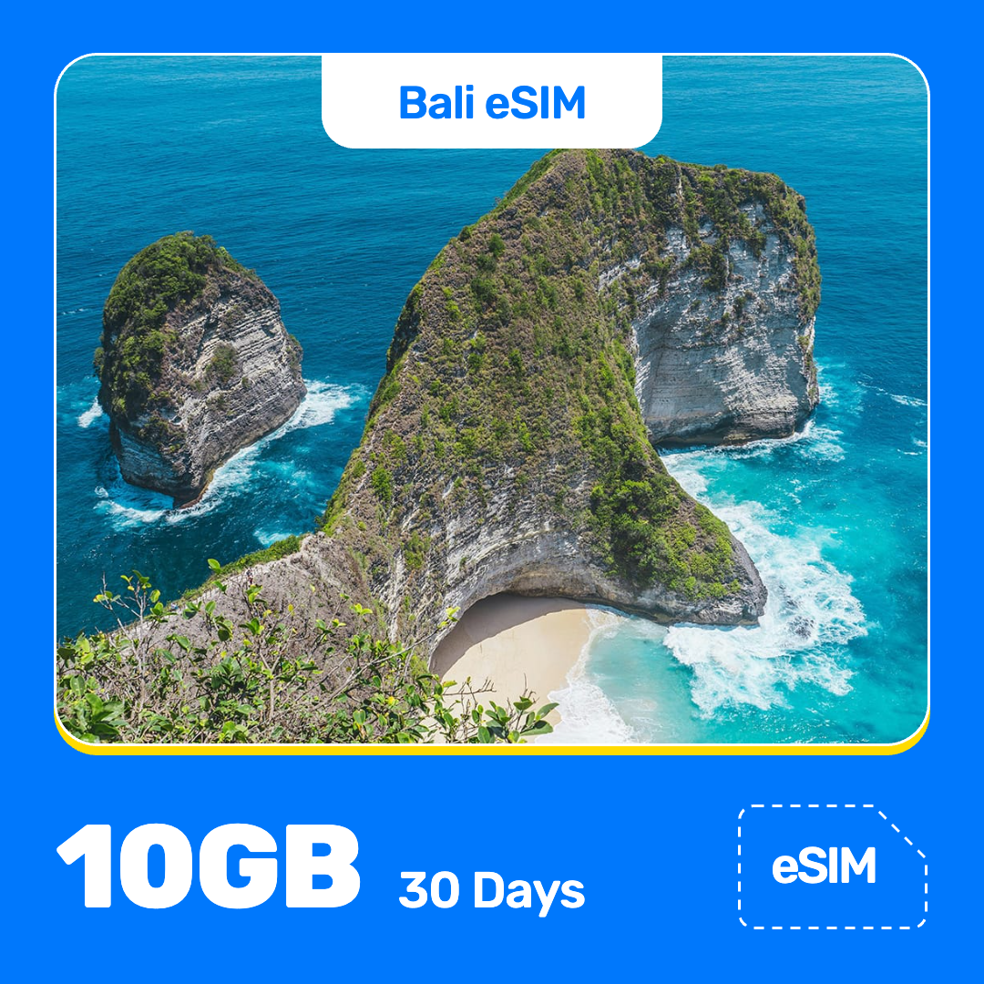 Indonesia eSIM product banner featuring a Kelingking Beach, where steep green cliffs drop to a small sandy beach surrounded by bright blue water. Blue “Indonesia eSIM” text appears at the top, with large white “10GB for 30 Days” text at the bottom left and an “eSIM” label at the bottom right.
