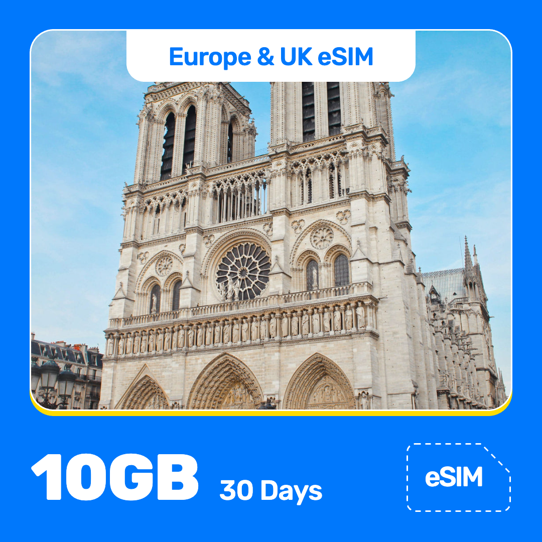 Europe eSIM product banner featuring the Notre-Dame Cathedral in Paris, with its tall towers, large round window, and detailed stone arches, rises against a blue sky. Blue “Europe eSIM” text appears at the top, with large white “10GB for 30 Days” text at the bottom left and an “eSIM” label at the bottom right.