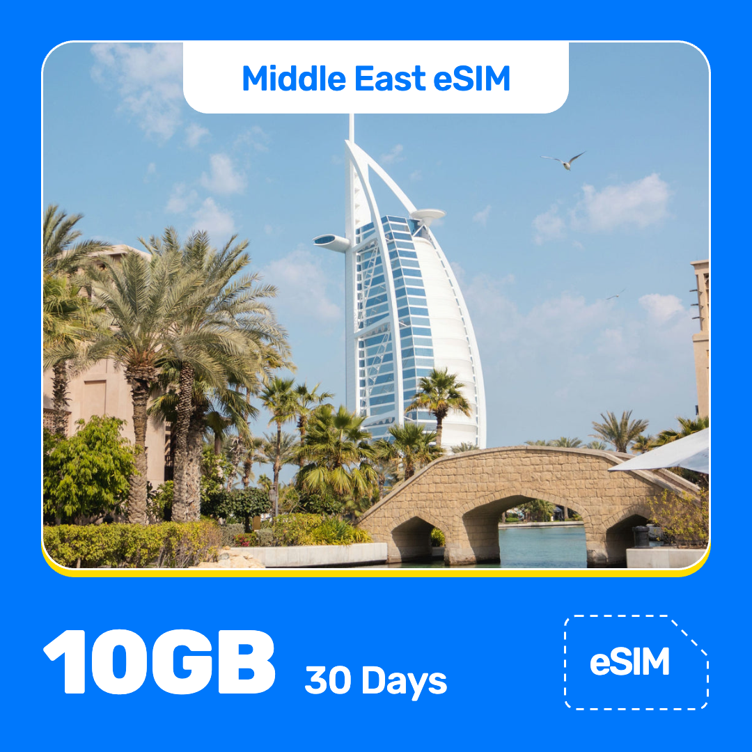 Middle East eSIM product banner featuring Burj Al Arab hotel rises above palm trees and landscaped gardens under a cloudy sky with birds in flight. Blue “Middle East eSIM” text appears at the top, with large white “10GB for 30 Days” text at the bottom left and an “eSIM” label at the bottom right.