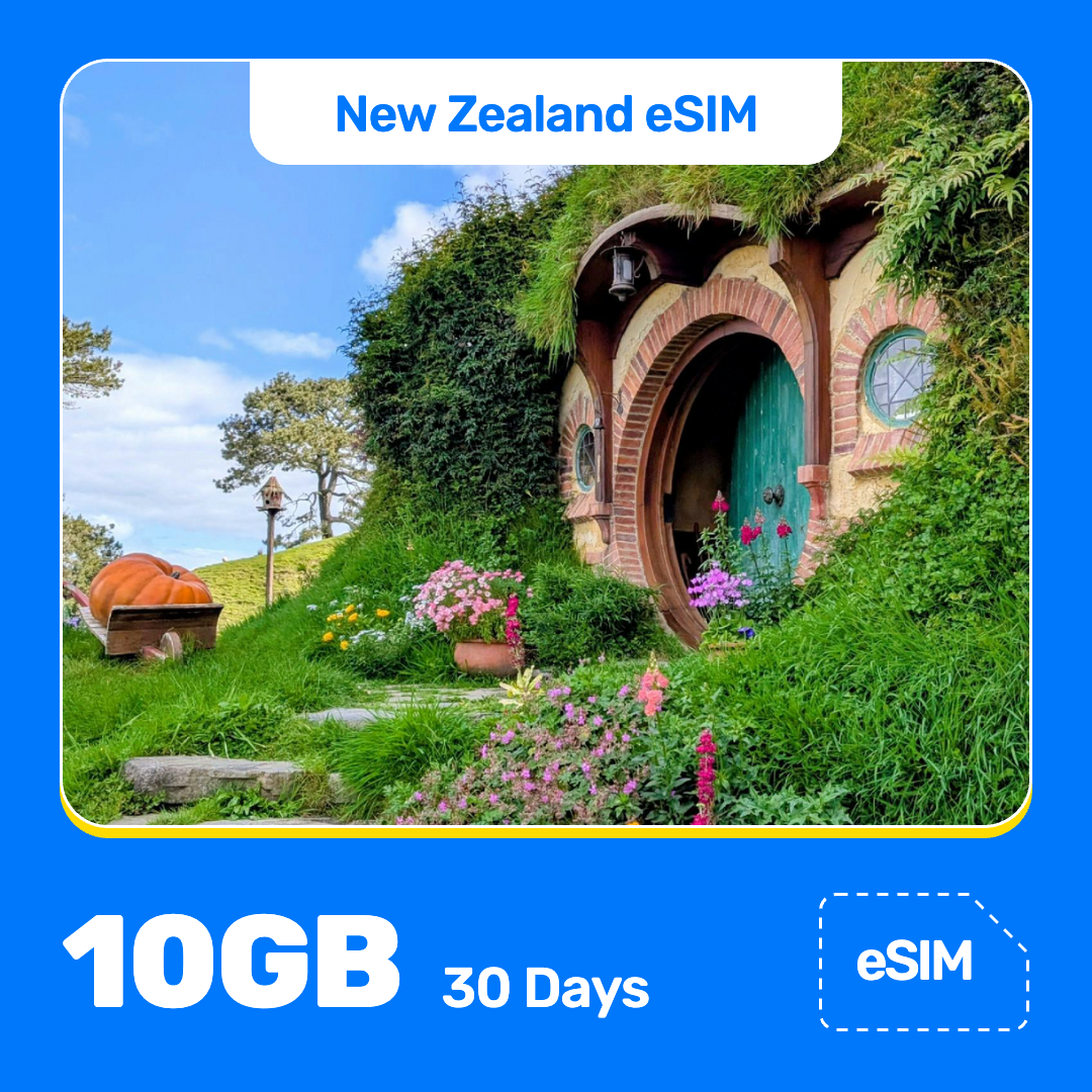 New Zealand eSIM product banner featuring the Hobbit-hole doorway set into a flower-covered hillside, with a large pumpkin nearby, on a bright sunny day at the Hobbiton Movie Set. Blue “New Zealand eSIM” text appears at the top, with large white “10GB for 30 Days” text at the bottom left and an “eSIM” label at the bottom right.