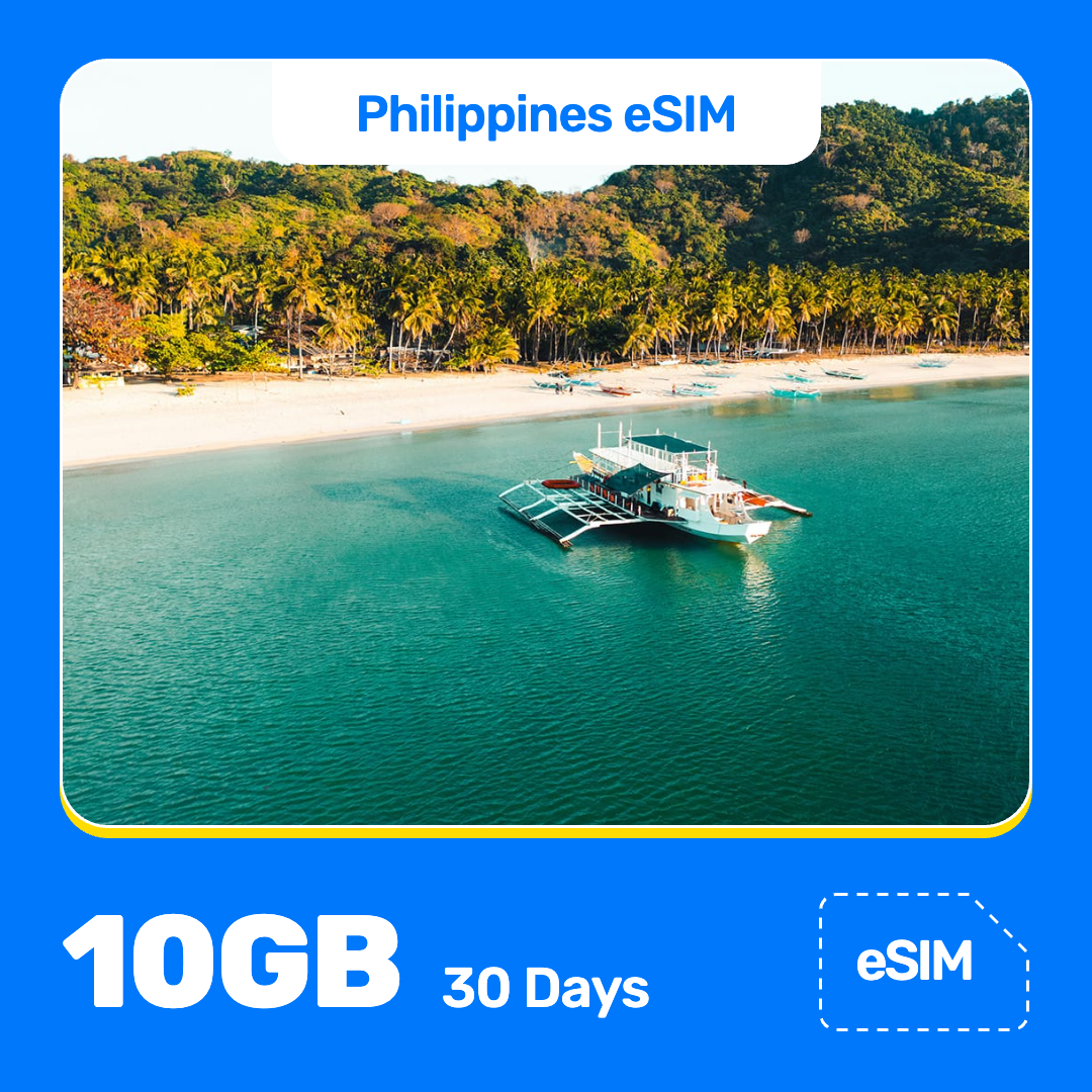 Product banner for “Philippines eSIM” featuring a white outrigger boat floats in turquoise water beside a sandy, palm-lined beach on a tropical island, with green hills behind. A vivid blue border frames the image, with white text at the top reading “Philippines eSIM” and at the bottom “10GB for 30 Days.” And “eSIM” label appears in the lower-right corner.