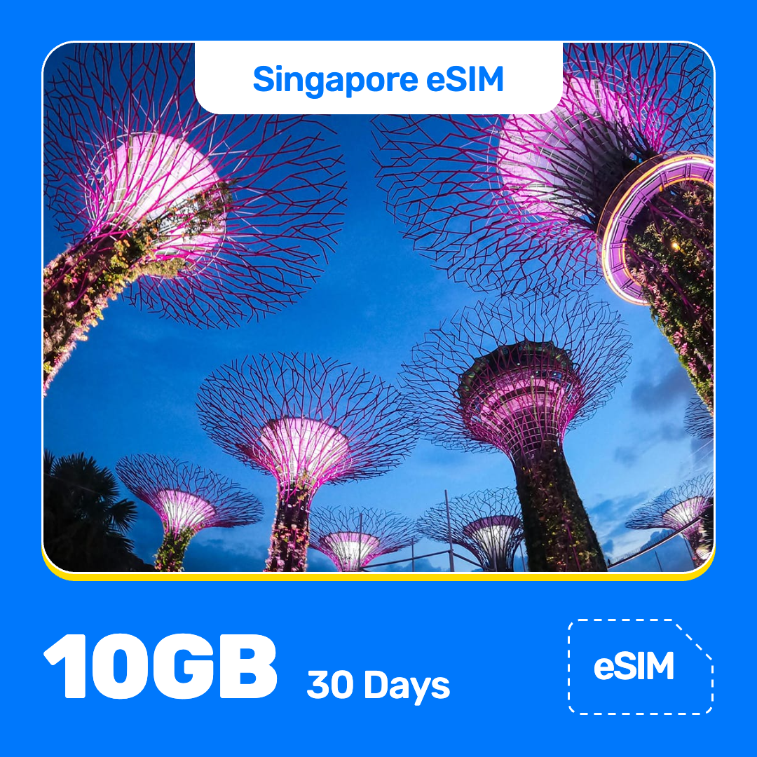 Singapore eSIM travel plan with 10GB of data for 30 days, shown over a photo of the glowing Supertrees at Gardens by the Bay against a blue sky.