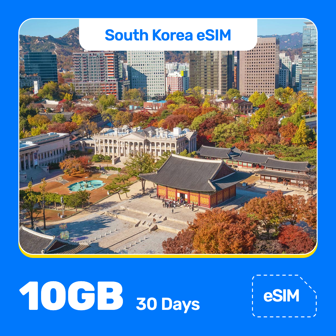 South Korea eSIM product banner featuring the aerial view of Deoksugung Palace and Seoul City Hall in autumn, ringed by colorful fall leaves and modern city buildings. Blue “South Korea eSIM” text appears at the top, with large white “10GB for 30 Days” text at the bottom left and an “eSIM” label at the bottom right.