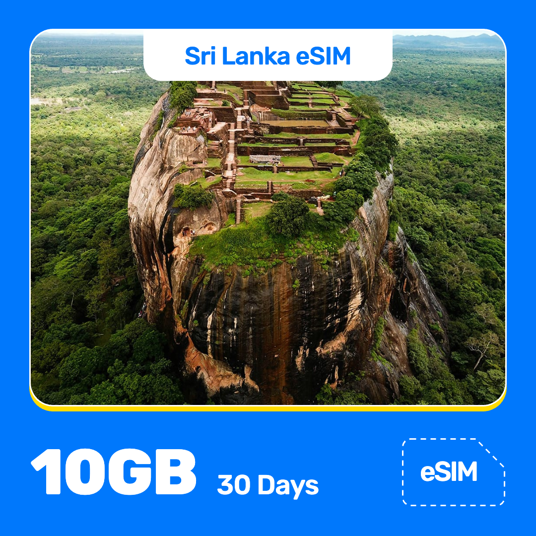 Sri Lanka eSIM product banner featuring Sigiriya Lion Rock, an ancient rock fortress with terraces, walls, and stairways, rises above green jungle. Blue “Sri Lanka eSIM” text appears at the top, with large white “10GB for 30 Days” text at the bottom left and an “eSIM” label at the bottom right.