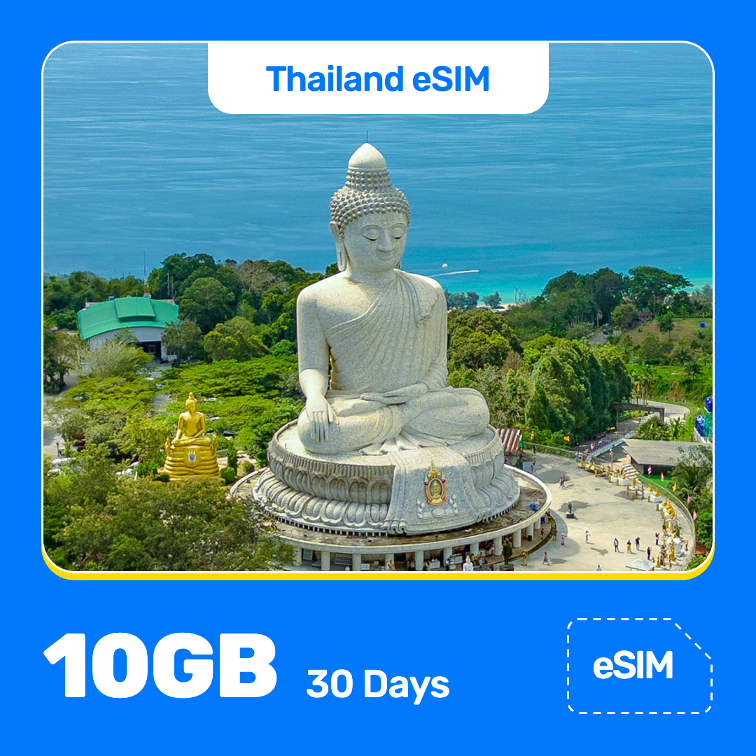 Thailand eSIM product banner featuring the Big Buddha in Phuket sits on a hilltop beside a smaller golden statue, with green trees around it and the blue sea behind. Blue “Thailand eSIM” text appears at the top, with large white “10GB for 30 Days” text at the bottom left and an “eSIM” label at the bottom right.