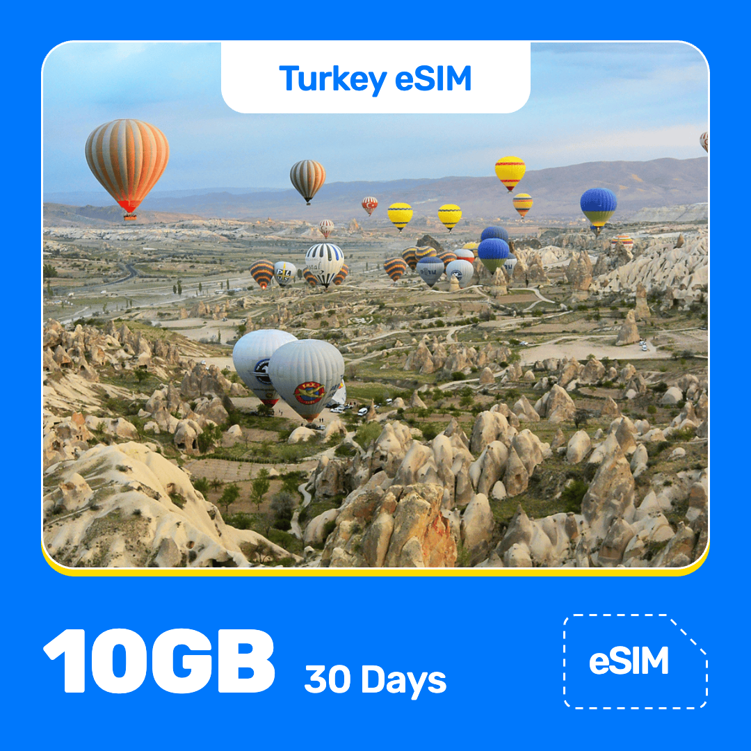 Turkey eSIM product banner featuring a colorful hot-air balloons float over the rocky landscape of Cappadocia, Turkey, under a bright sky, with hills stretching into the distance. Blue “Turkey eSIM” text appears at the top, with large white “10GB for 30 Days” text at the bottom left and an “eSIM” label at the bottom right.