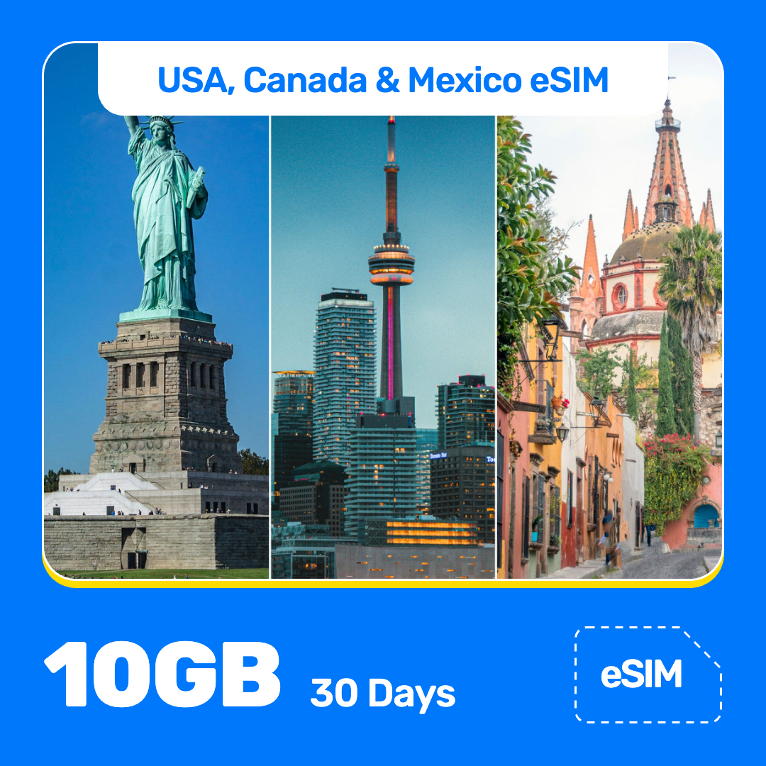 USA, Canada & Mexico eSIM product banner featuring a three-photo collage of the Statue of Liberty in New York, the CN Tower in Toronto, and a colorful street with a church in Mexico. Blue “USA, Canada & Mexico eSIM” text appears at the top, with large white “10GB for 30 Days” text at the bottom left and an “eSIM” label at the bottom right.