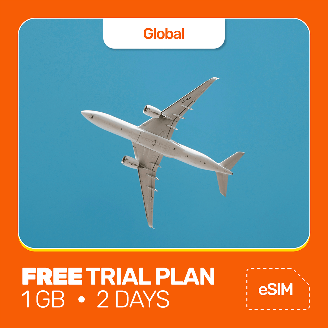 Airplane flying against a blue sky with an orange border and text about a free trial plan and eSIM.