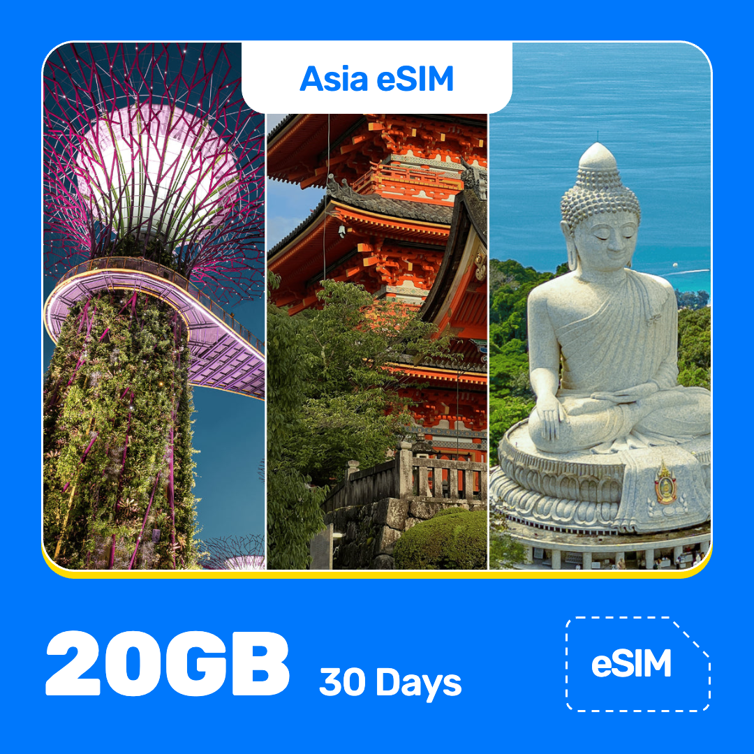 Asia eSIM product banner featuring three-photo collage of Asia travel scenes: Gardens by the Bay in Singapore, a traditional Japanese temple, and a large seated Buddha statue in Thailand overlooking the sea. Blue “Asia eSIM” text appears at the top, with large white “20GB for 30 Days” text at the bottom left and an “eSIM” label at the bottom right.