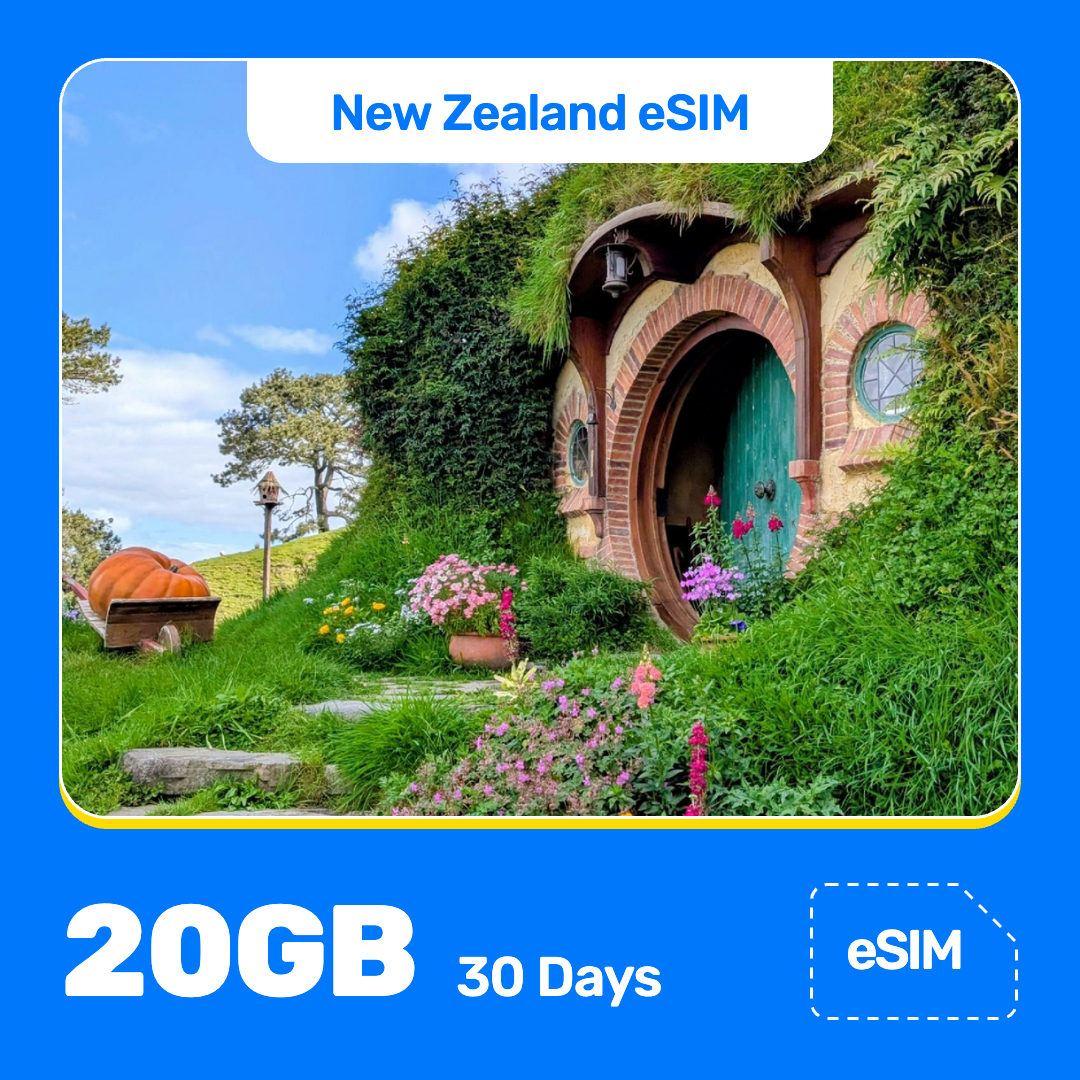 New Zealand eSIM product banner featuring the Hobbit-hole doorway set into a flower-covered hillside, with a large pumpkin nearby, on a bright sunny day at the Hobbiton Movie Set. Blue “New Zealand eSIM” text appears at the top, with large white “20GB for 30 Days” text at the bottom left and an “eSIM” label at the bottom right.