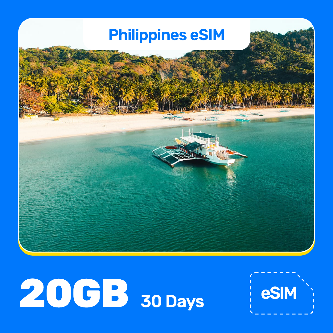 Product banner for “Philippines eSIM” featuring a white outrigger boat floats in turquoise water beside a sandy, palm-lined beach on a tropical island, with green hills behind. A vivid blue border frames the image, with white text at the top reading “Philippines eSIM” and at the bottom “20GB for 30 Days.” And “eSIM” label appears in the lower-right corner.