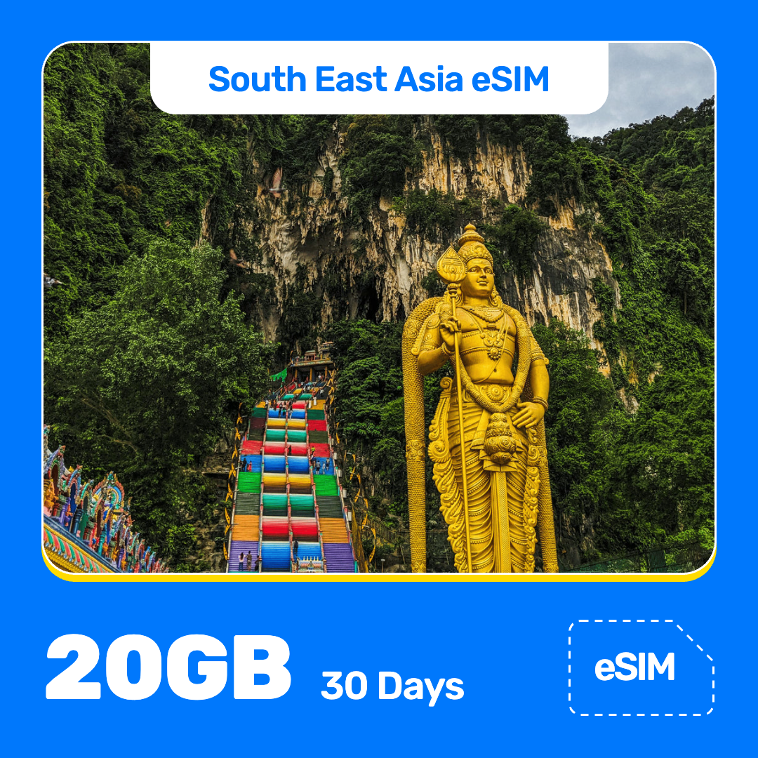 South East Asia eSIM product banner featuring a giant golden statue beside a colorful staircase leading up the hill to the Batu Caves temple in Malaysia. Blue “South East Asia eSIM” text appears at the top, with large white “20GB for 30 Days” text at the bottom left and an “eSIM” label at the bottom right.