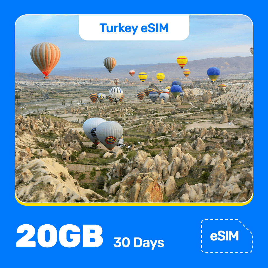 Turkey eSIM product banner featuring a colorful hot-air balloons float over the rocky landscape of Cappadocia, Turkey, under a bright sky, with hills stretching into the distance. Blue “Turkey eSIM” text appears at the top, with large white “20GB for 30 Days” text at the bottom left and an “eSIM” label at the bottom right.