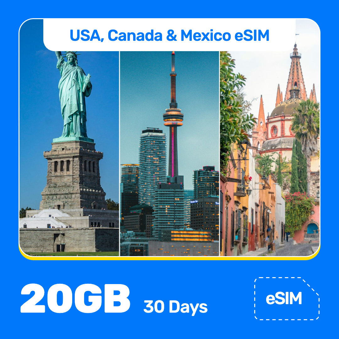 USA, Canada & Mexico eSIM product banner featuring a three-photo collage of the Statue of Liberty in New York, the CN Tower in Toronto, and a colorful street with a church in Mexico. Blue “USA, Canada & Mexico eSIM” text appears at the top, with large white “20GB for 30 Days” text at the bottom left and an “eSIM” label at the bottom right.