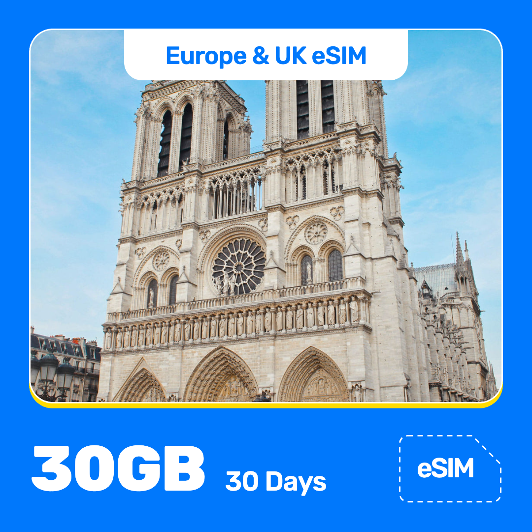 Europe eSIM product banner featuring the Notre-Dame Cathedral in Paris, with its tall towers, large round window, and detailed stone arches, rises against a blue sky. Blue “Europe eSIM” text appears at the top, with large white “30GB for 30 Days” text at the bottom left and an “eSIM” label at the bottom right.