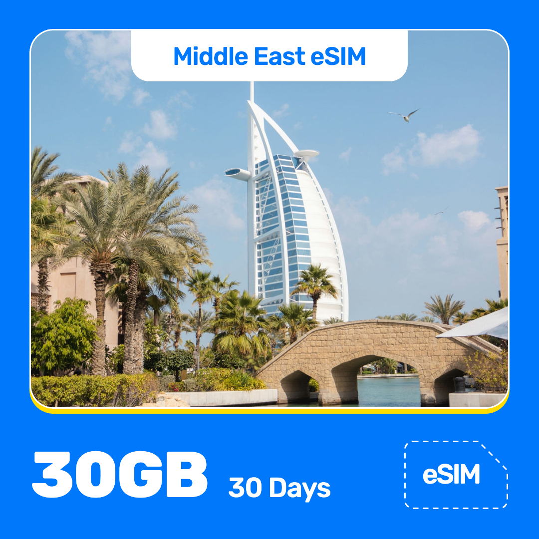 Middle East eSIM product banner featuring Burj Al Arab hotel rises above palm trees and landscaped gardens under a cloudy sky with birds in flight. Blue “Middle East eSIM” text appears at the top, with large white “30GB for 30 Days” text at the bottom left and an “eSIM” label at the bottom right.