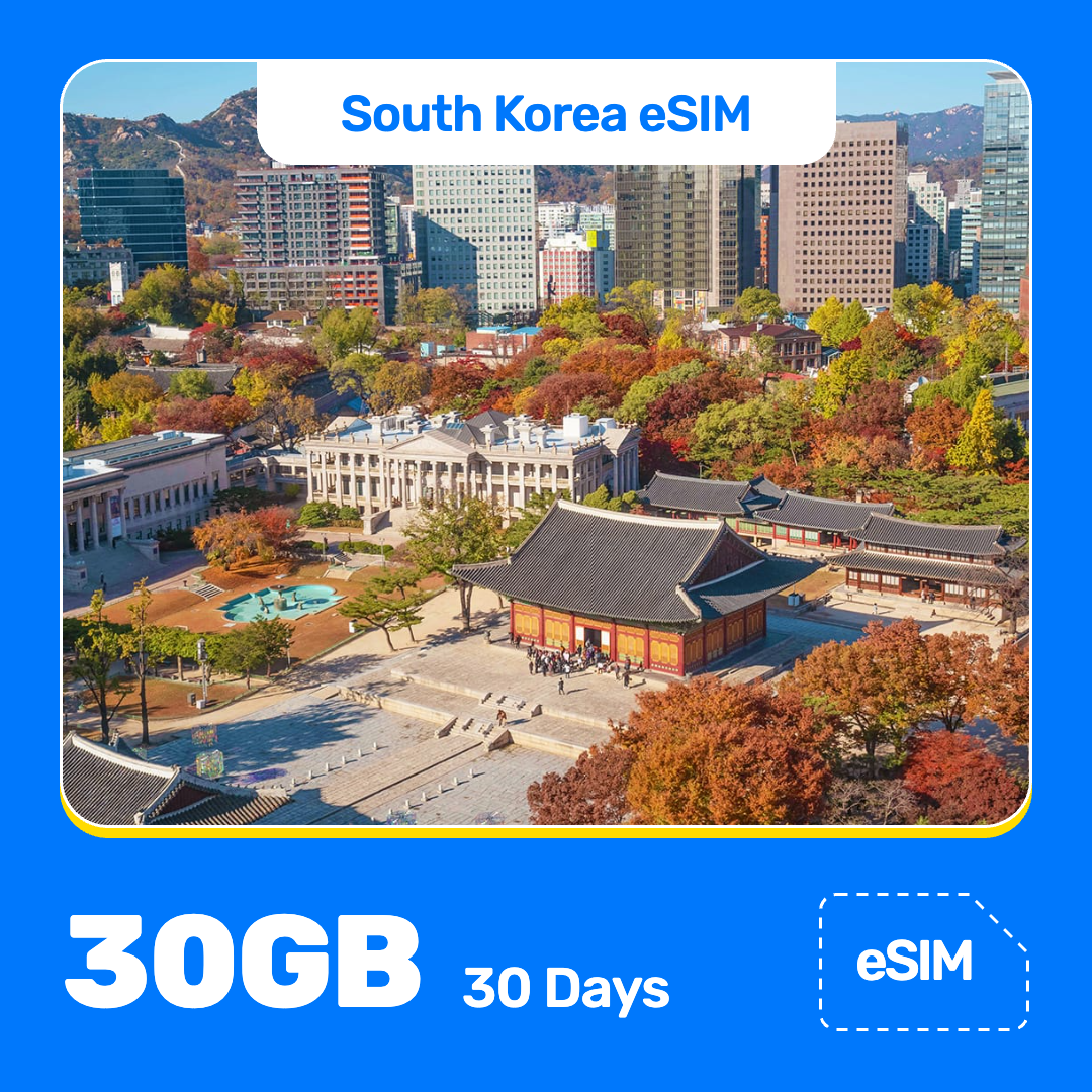 South Korea eSIM product banner featuring the aerial view of Deoksugung Palace and Seoul City Hall in autumn, ringed by colorful fall leaves and modern city buildings. Blue “South Korea eSIM” text appears at the top, with large white “30GB for 30 Days” text at the bottom left and an “eSIM” label at the bottom right.