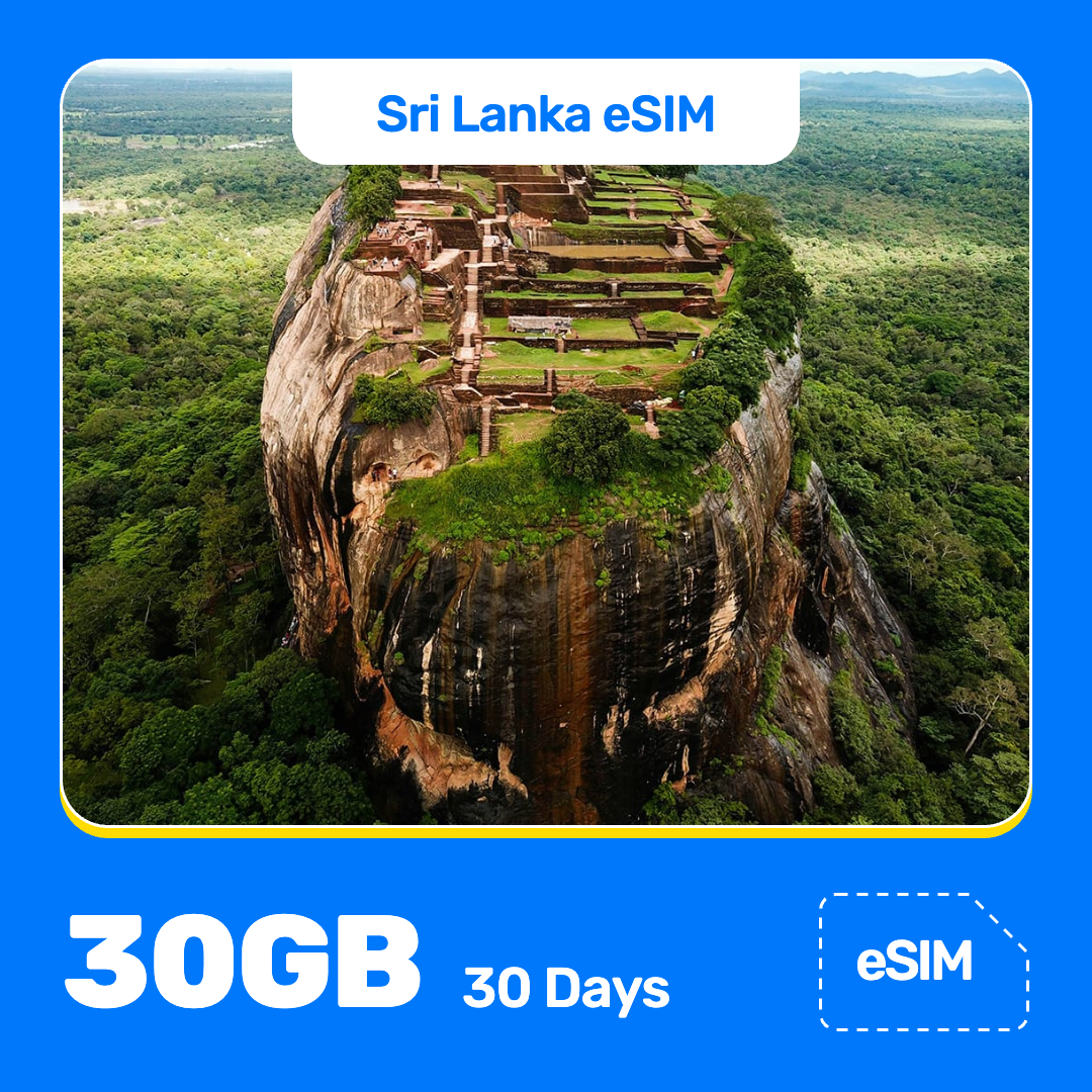 Sri Lanka eSIM product banner featuring Sigiriya Lion Rock, an ancient rock fortress with terraces, walls, and stairways, rises above green jungle. Blue “Sri Lanka eSIM” text appears at the top, with large white “30GB for 30 Days” text at the bottom left and an “eSIM” label at the bottom right.