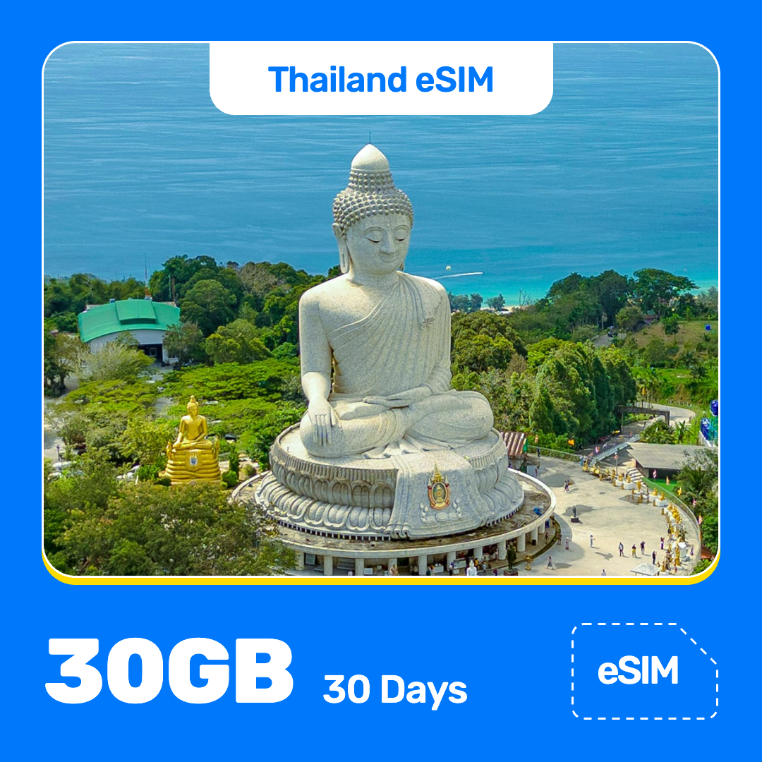 Thailand eSIM product banner featuring the Big Buddha in Phuket sits on a hilltop beside a smaller golden statue, with green trees around it and the blue sea behind. Blue “Thailand eSIM” text appears at the top, with large white “30GB for 30 Days” text at the bottom left and an “eSIM” label at the bottom right.