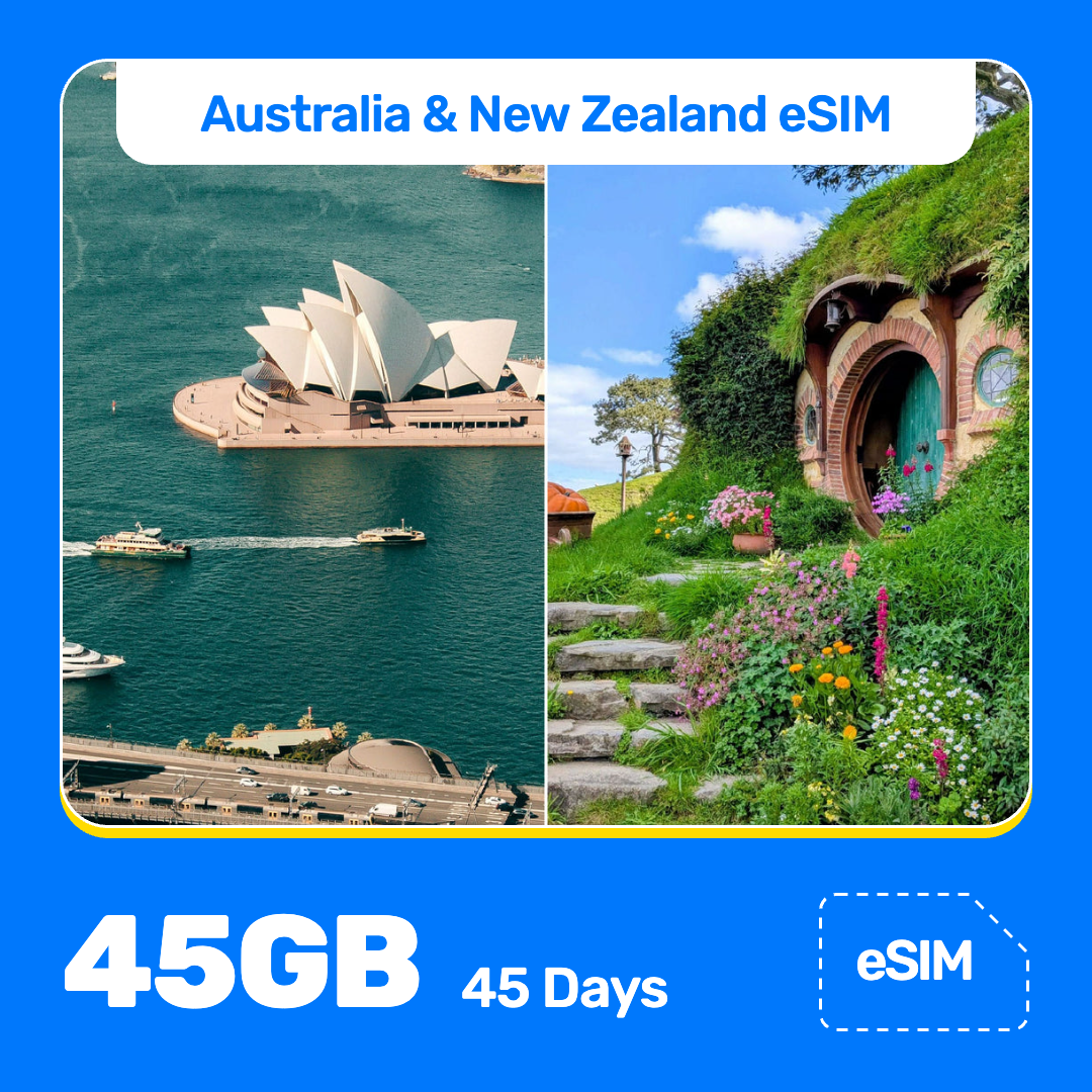Australia and New Zealand eSIM product banner featuring the Sydney Opera House beside the harbor on the left, and a hobbit-hole doorway in a grassy, flower-covered hillside on the right. Blue “Australia and New Zealand eSIM” text appears at the top, with large white “45GB for 45 Days” text at the bottom left and an “eSIM” label at the bottom right.
