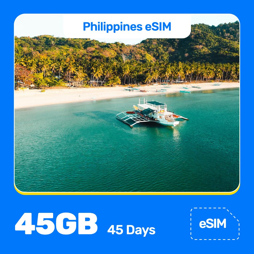 Product banner for “Philippines eSIM” featuring a white outrigger boat floats in turquoise water beside a sandy, palm-lined beach on a tropical island, with green hills behind. A vivid blue border frames the image, with white text at the top reading “Philippines eSIM” and at the bottom “45GB for 45 Days.” And “eSIM” label appears in the lower-right corner.