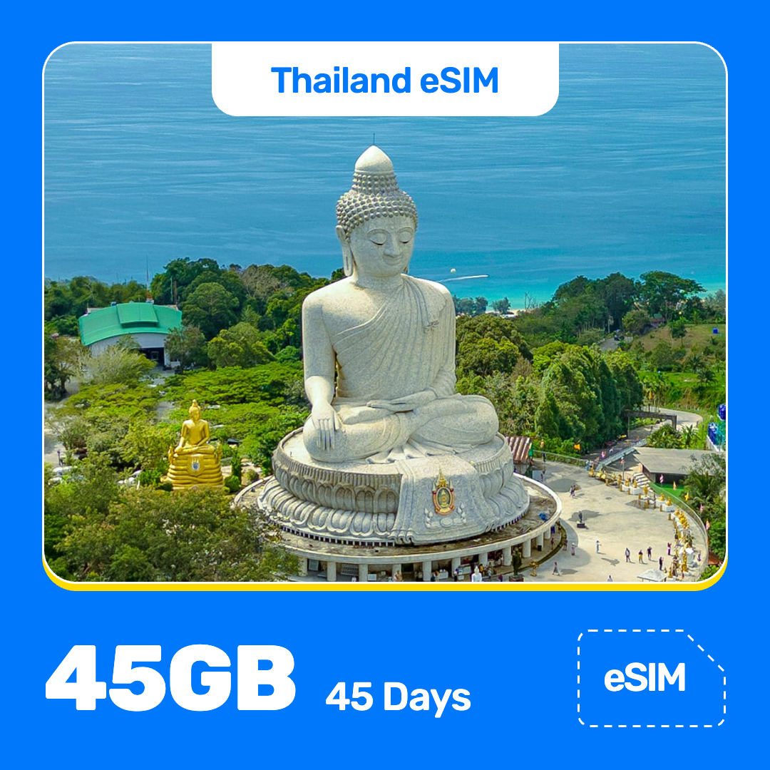 Thailand eSIM product banner featuring the Big Buddha in Phuket sits on a hilltop beside a smaller golden statue, with green trees around it and the blue sea behind. Blue “Thailand eSIM” text appears at the top, with large white “45GB for 45 Days” text at the bottom left and an “eSIM” label at the bottom right.