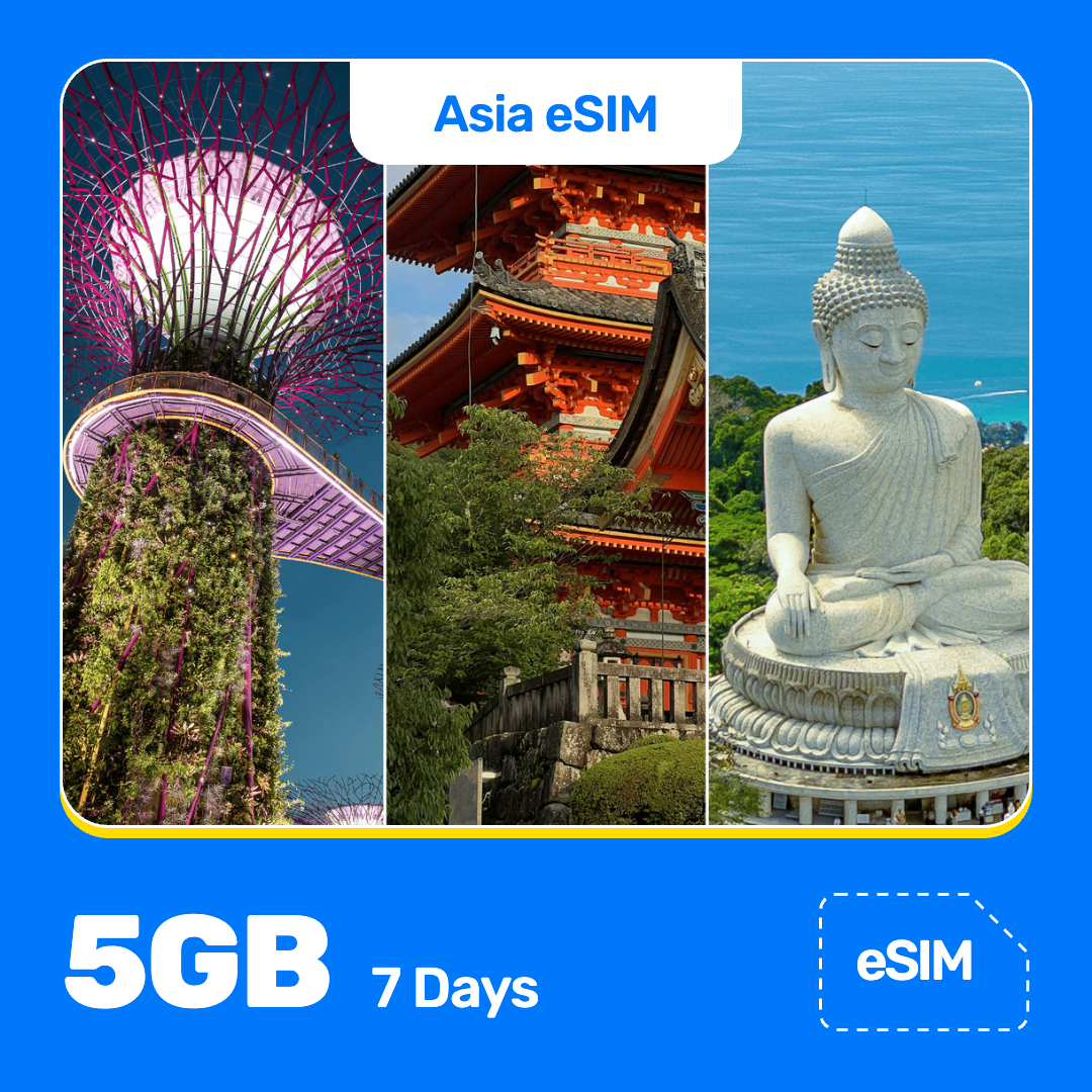 Asia eSIM product banner featuring three-photo collage of Asia travel scenes: Gardens by the Bay in Singapore, a traditional Japanese temple, and a large seated Buddha statue in Thailand overlooking the sea. Blue “Asia eSIM” text appears at the top, with large white “5GB for 7 Days” text at the bottom left and an “eSIM” label at the bottom right.