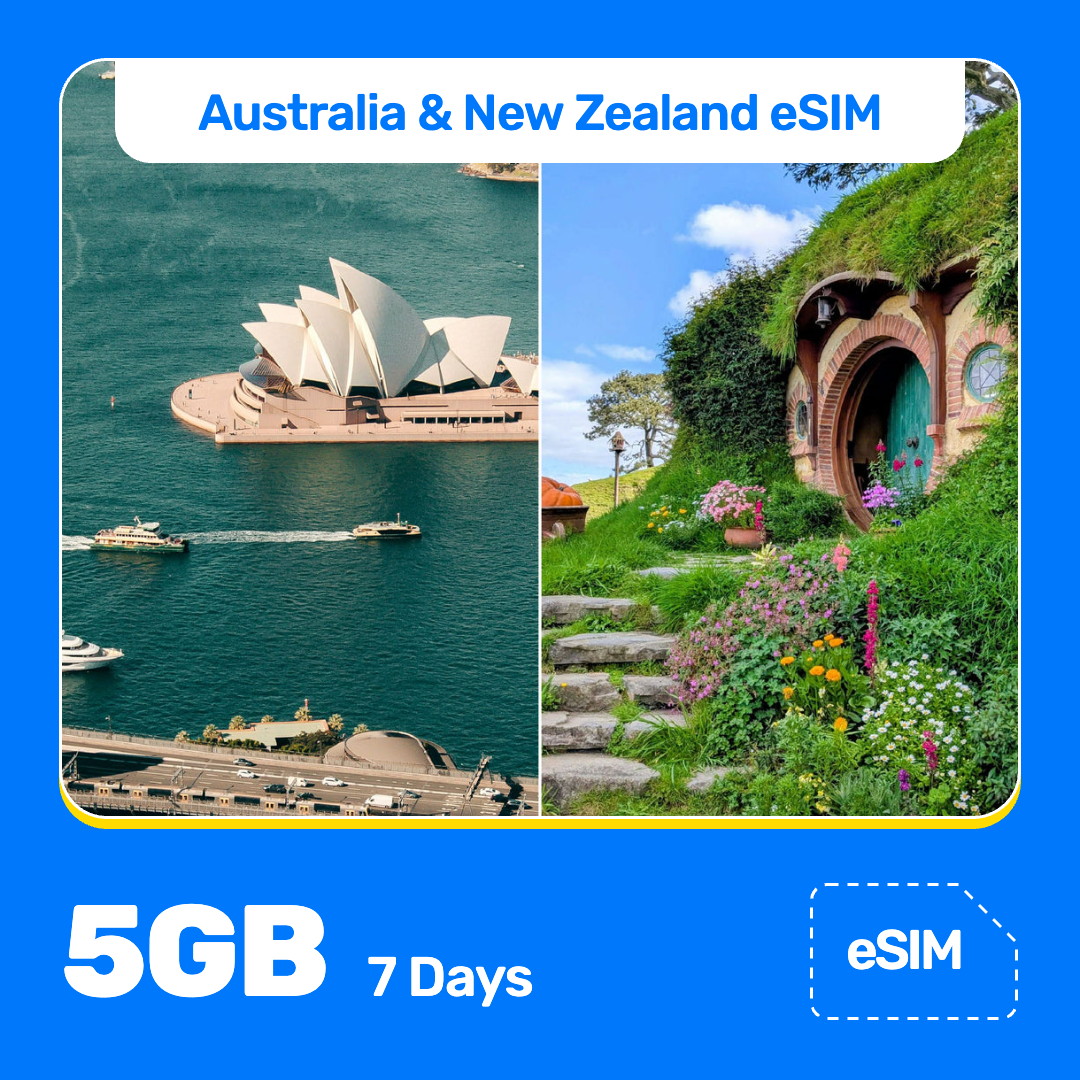 Australia and New Zealand eSIM product banner featuring the Sydney Opera House beside the harbor on the left, and a hobbit-hole doorway in a grassy, flower-covered hillside on the right. Blue “Australia and New Zealand eSIM” text appears at the top, with large white “5GB for 7 Days” text at the bottom left and an “eSIM” label at the bottom right.
