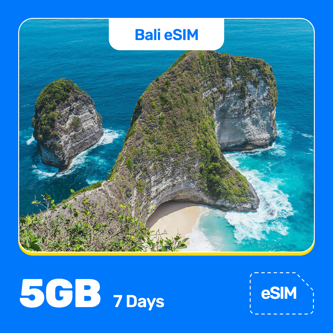 Indonesia eSIM product banner featuring a Kelingking Beach, where steep green cliffs drop to a small sandy beach surrounded by bright blue water. Blue “Indonesia eSIM” text appears at the top, with large white “5GB for 7 Days” text at the bottom left and an “eSIM” label at the bottom right.