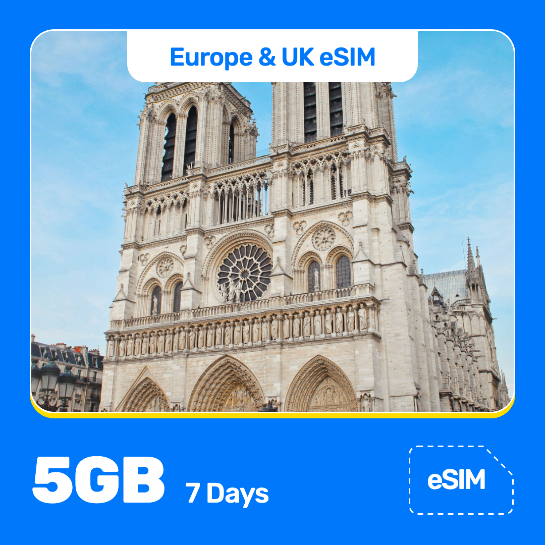 Europe eSIM product banner featuring the Notre-Dame Cathedral in Paris, with its tall towers, large round window, and detailed stone arches, rises against a blue sky. Blue “Europe eSIM” text appears at the top, with large white “5GB for 7 Days” text at the bottom left and an “eSIM” label at the bottom right.