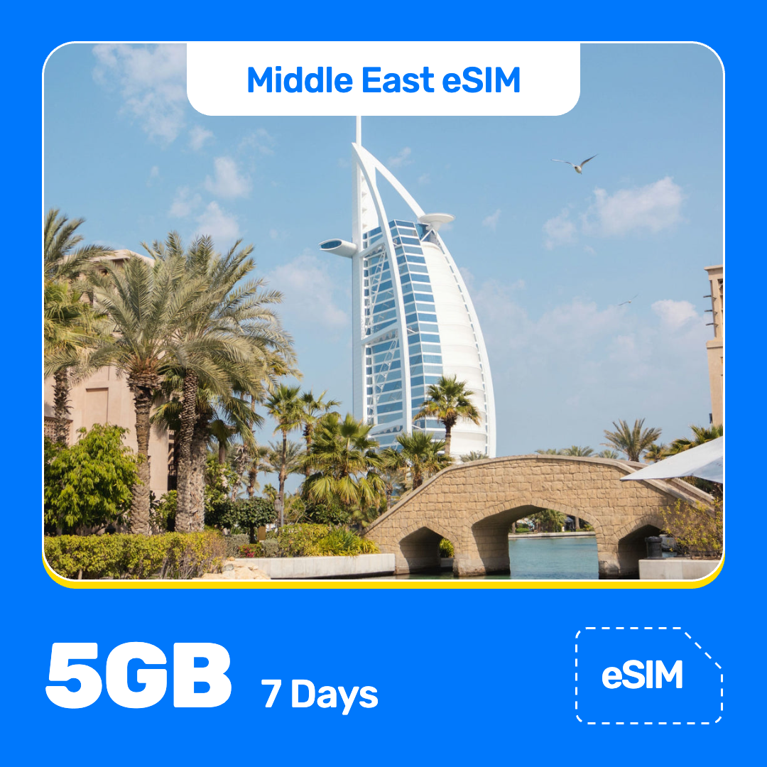 Middle East eSIM product banner featuring Burj Al Arab hotel rises above palm trees and landscaped gardens under a cloudy sky with birds in flight. Blue “Middle East eSIM” text appears at the top, with large white “5GB for 7 Days” text at the bottom left and an “eSIM” label at the bottom right.