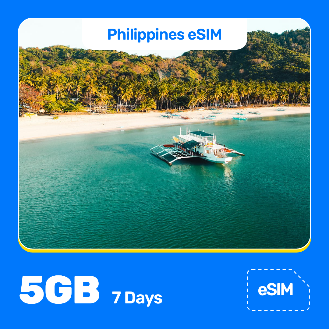 Product banner for “Philippines eSIM” featuring a white outrigger boat floats in turquoise water beside a sandy, palm-lined beach on a tropical island, with green hills behind. A vivid blue border frames the image, with white text at the top reading “Philippines eSIM” and at the bottom “5GB for 7 Days.” And “eSIM” label appears in the lower-right corner.